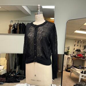 Black Linen Pointelle Sweater Cardigan